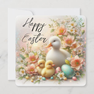 Gelukkig Pasen Eend, Eendjes, Eieren en Bloemen Feestdagenkaart