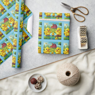 Gelukkig Pasen Gele Kuikens in een Vijver bij een Cadeaupapier