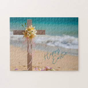 Gelukkig Pasen Houten Kruis met Lelies op Strand Legpuzzel