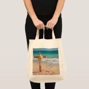 Gelukkig Pasen Houten Kruis met Lelies op Strand Tote Bag