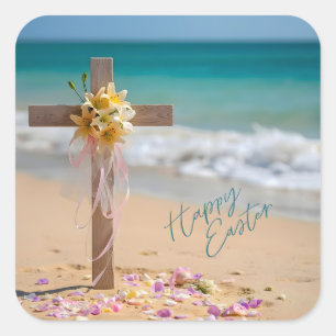 Gelukkig Pasen Houten Kruis met Lelies op Strand Vierkante Sticker