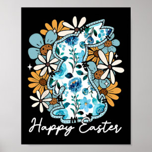 Gelukkig Pasen Konijn Blauw Bloemmotief Geel Ontwe Poster