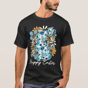 Gelukkig Pasen Konijn Blauw Bloemmotief Geel Ontwe T-shirt
