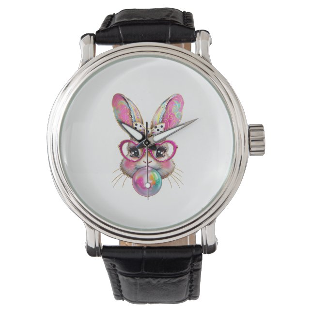 Gelukkig Pasen Konijn Coquette Strik Penseelstreek Horloge (Voorkant)