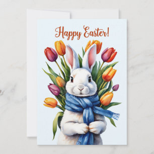 Gelukkig Pasen Konijn en Tulp Bloemen Feestdagenkaart