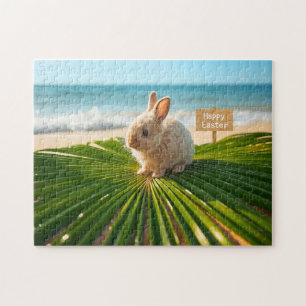 Gelukkig Pasen Konijn op Palm Tak op Strand Legpuzzel