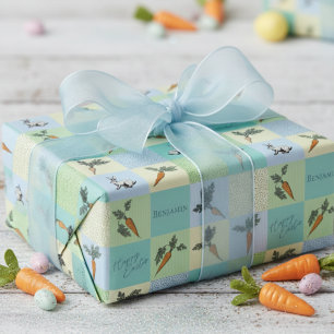 Gelukkig Pasen Konijn & Wortel Vierkantjes Blauw P Cadeaupapier
