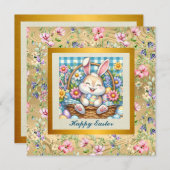 Gelukkig Pasen Met Schattige Konijntje, Eieren, en Kaart (Voorkant / Achterkant)