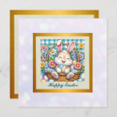 Gelukkig Pasen Met Schattige Konijntje, Eieren, en Kaart (Voorkant / Achterkant)