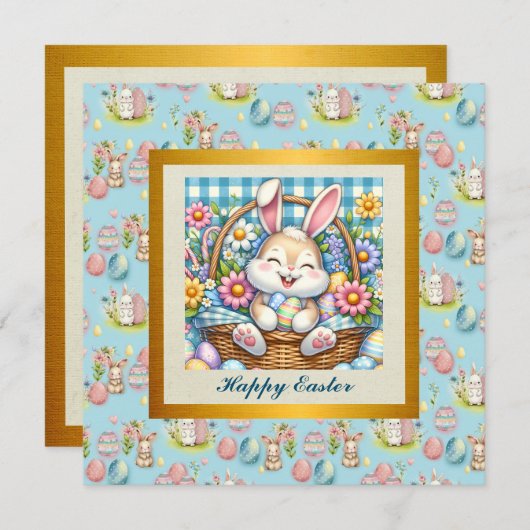 Gelukkig Pasen Met Schattige Konijntje, Eieren, en Kaart (Voorkant / Achterkant)