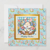 Gelukkig Pasen Met Schattige Konijntje, Eieren, en Kaart (Voorkant)