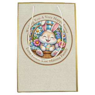 Gelukkig Pasen Met Schattige Konijntje, Eieren, en Medium Cadeauzakje