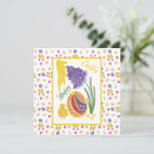 Gelukkig Pasen versierd ei, kip en zon Aankondiging (Staand voorkant)