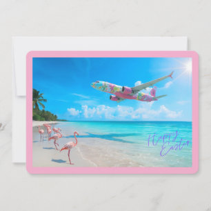 Gelukkig Pasen Vliegtuig Boven Strand met Flamingo Feestdagenkaart