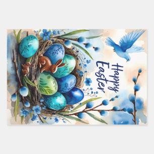 Gelukkig Pasen Watercolor Konijn Nest Kaart Inpakpapier Vel