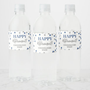 Gelukkig Pensioen Blauw Zilver Confetti Waterfles Etiket
