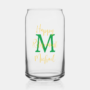 Gelukkig Pensioen Partij Groene Monogram Gouden Na Blikvorm Glas