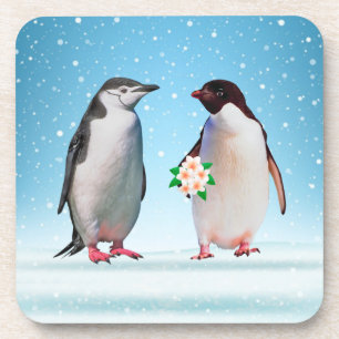 Gelukkig pinguïnpaar, één met bloemen bier onderzetter