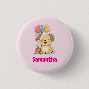 Gelukkig Puppyparty, 1e Verjaardag, Persoonlijk Ronde Button 3,2 Cm