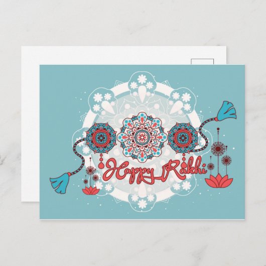 Gelukkig Rakhi, Raksha Bandhan, stoffig blauw Briefkaart (Voorkant / Achterkant)