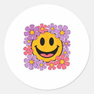 Gelukkig Retro Madeliefje Lachend Gezicht Preppy E Ronde Sticker