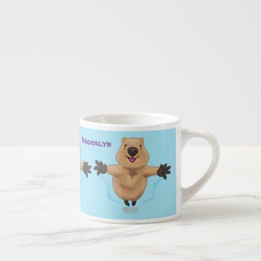 Gelukkig springend quokka cartoon design espresso kop (Rechts)