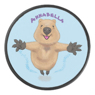 Gelukkig springend quokka cartoon design hockey puck