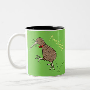 Gelukkig springkiwi met het ontwerp van de cartoon tweekleurige koffiemok