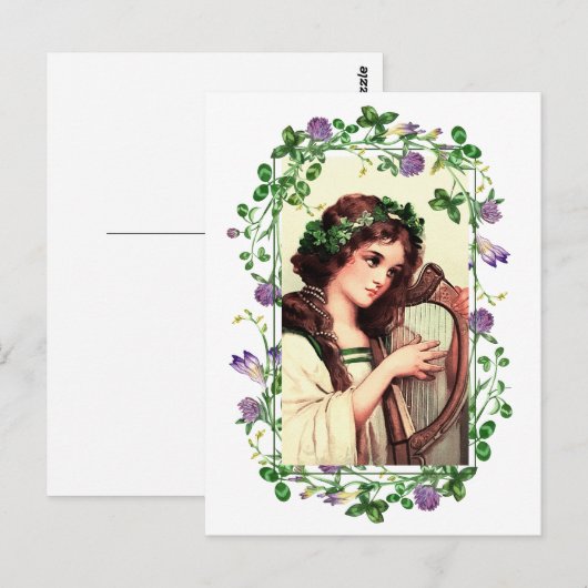Gelukkig St. Patrick's Day. Iers meisje met Harp Briefkaart (Voorkant / Achterkant)