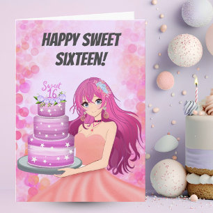 Gelukkig Sweet Sixteen Anime Meisje Met Cake Kaart