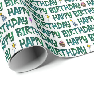 Gelukkig Verjaardag Groen Donkere Tekstpatroon Cadeaupapier