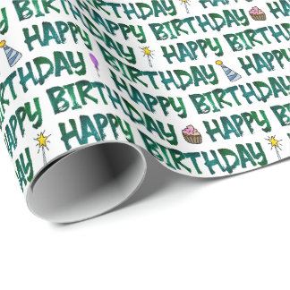 Gelukkig Verjaardag Groen Donkere Tekstpatroon Cadeaupapier