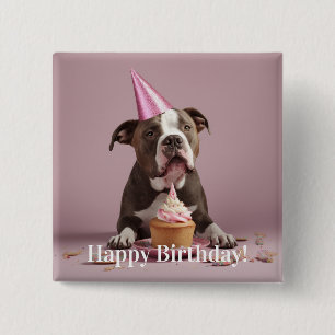 Gelukkig verjaardag! Hond eet cake Vierkante Button 5,1 Cm