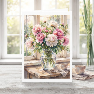 Gelukkig verjaardag oma! Roze pioenrozen bloemstuk Kaart