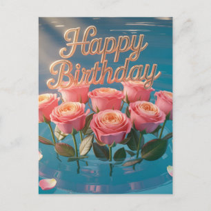 "Gelukkig Verjaardag" Roze Rozen op Blauwe Water Briefkaart