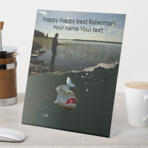 Gelukkig vissen reclamebord met voetstuk