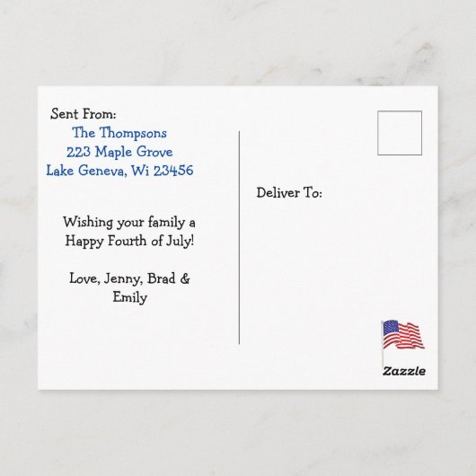 Gelukkig vuurwerk van 4 juli briefkaart (Achterkant)