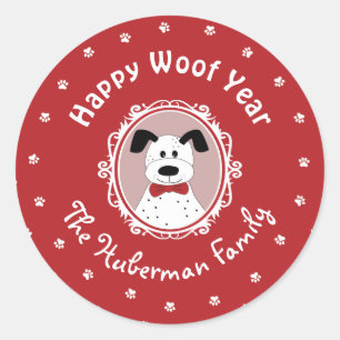 'Gelukkig Woof Jaar' Dalmatian Kerstmis Ronde Sticker