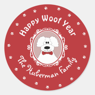 'Gelukkig Woof Jaar' Poodle Kerststicker Ronde Sticker