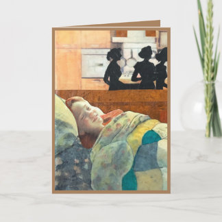 gelukkig zieke meisje in bed wordt verzorgd, word  kaart