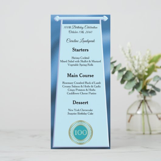 Gelukkige 100e Verjaardag Blauwgroen Blue Glitter Menu (Staand voorkant)