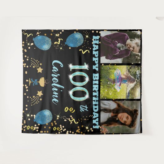 Gelukkige 100e Verjaardag Blauwgroen Blue Glitter Wandkleed (Voorkant (horizontaal))