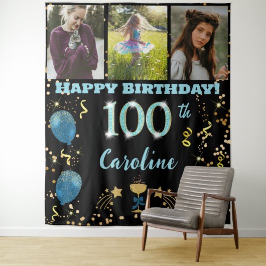Gelukkige 100e Verjaardag Blauwgroen Blue Glitter Wandkleed (In situ)