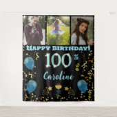 Gelukkige 100e Verjaardag Blauwgroen Blue Glitter Wandkleed (Voorkant)