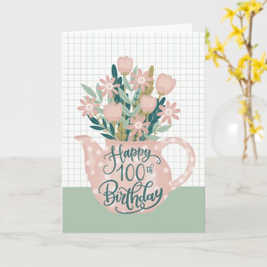 Gelukkige 100e verjaardag w Polka Dot Theepot van Kaart (Gele Bloem)