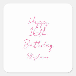 Gelukkige 16e verjaardag roze wit zestiende 2024 vierkante sticker
