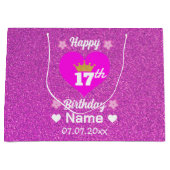 Gelukkige 17e verjaardag Gouden Kroon Roze Glitter Groot Cadeauzakje (Voorkant)
