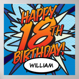 GELUKKIGE 18DE VERJAARDAG Comic Book Pop Art blauw Poster