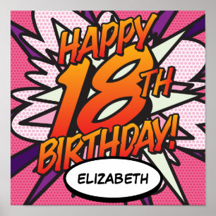 GELUKKIGE 18DE VERJAARDAG Comic Book Pop Art roze Poster