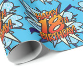 GELUKKIGE 18E VERJAARDAG Comic Book Pop Art blauw Cadeaupapier (Rol Hoek)